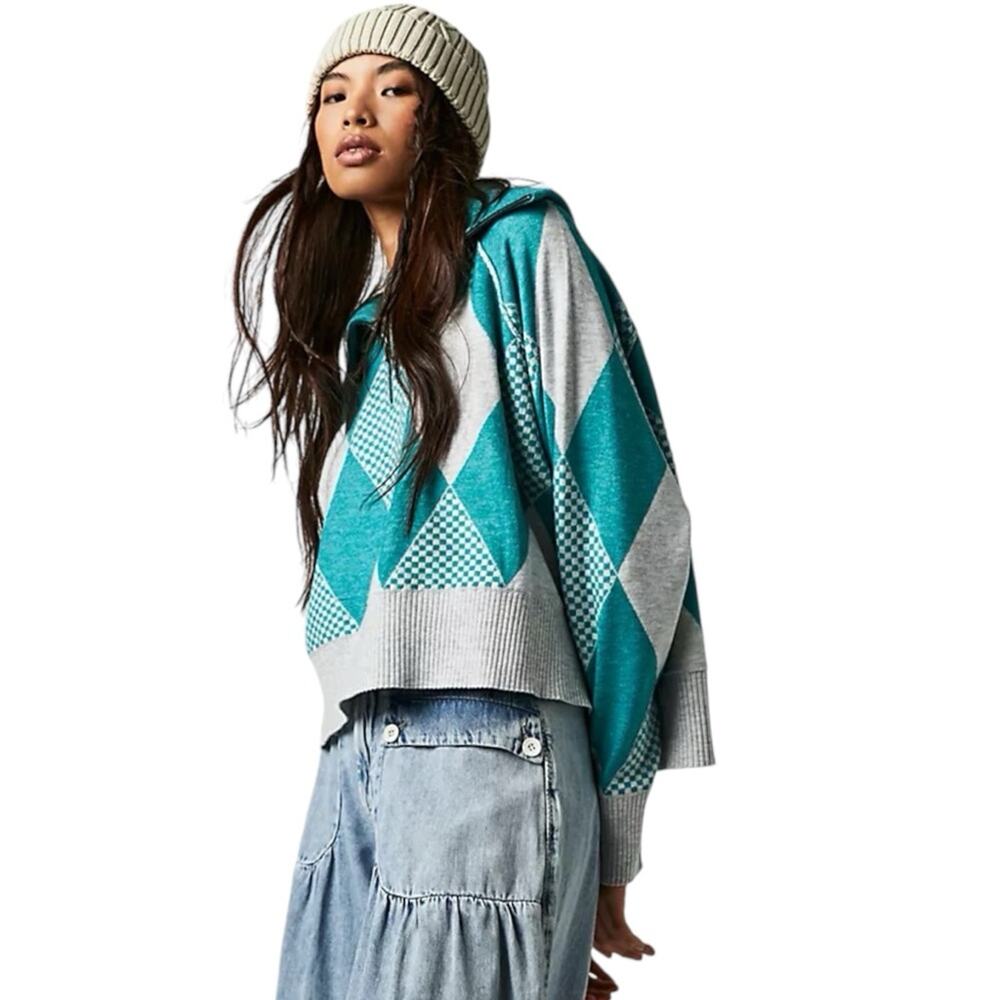 Free People Lucy Argyle Half Zip Pullover - Blue / Small